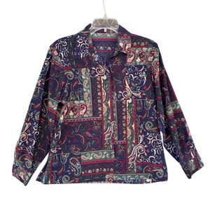 Vintage Navy Green Burgundy Paisley Path Print Button Down Shirt Women Medium